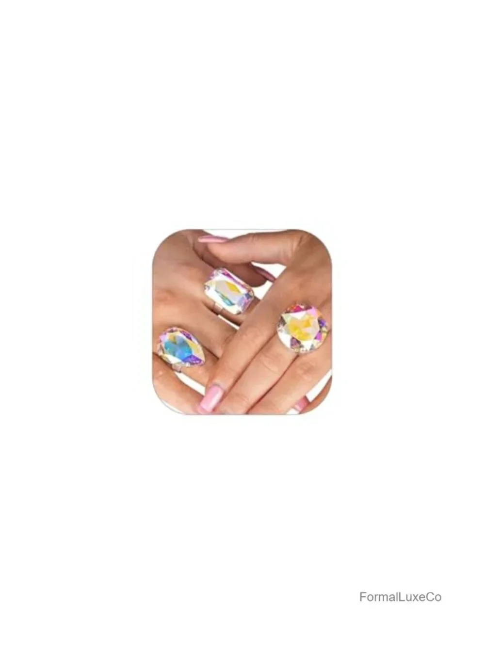 Oversized Crystal Statement Ring Set Adjustable Silver Tone Cocktail Jewelry